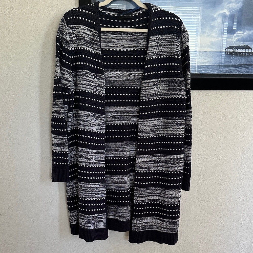 Lane Bryant Navy and White Long Open-Front Cardigan 14/16